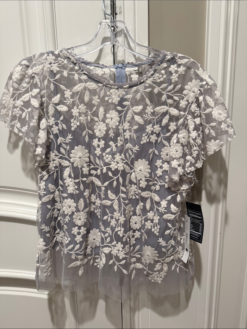 Aqua Gray Mesh Top with White Floral Embroidery